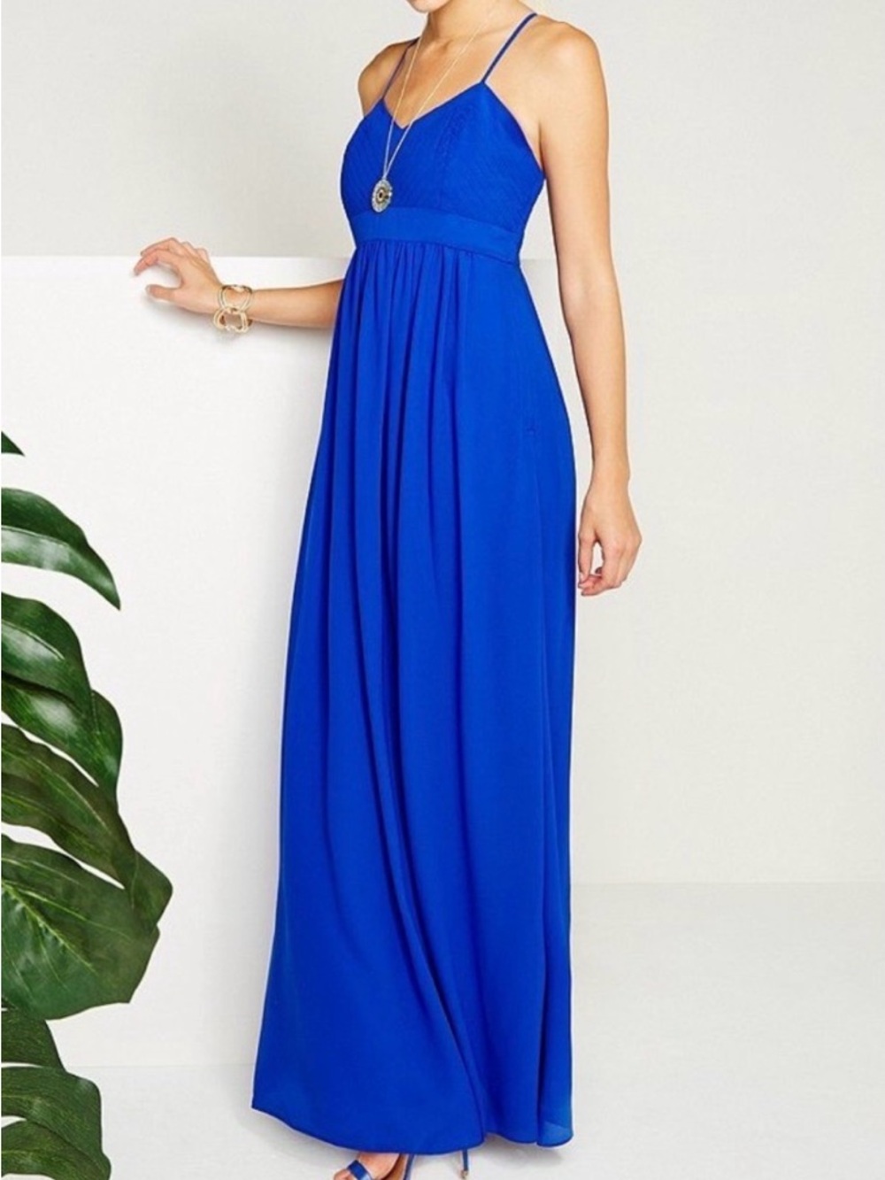 Belle Badgley Mischka Royal Blue Chiffon Cross Back Maxi Dress Size 6